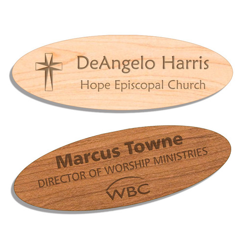 Wood name badges engraved with logo and name and title for Church Organization