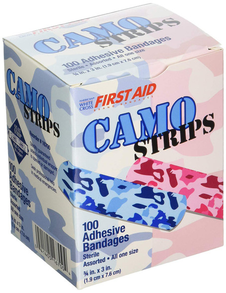 American White Cross Stat Strip Kid Design (Blue / Pink Camo) Adhesive Strip, 3/4 x 3 Inch