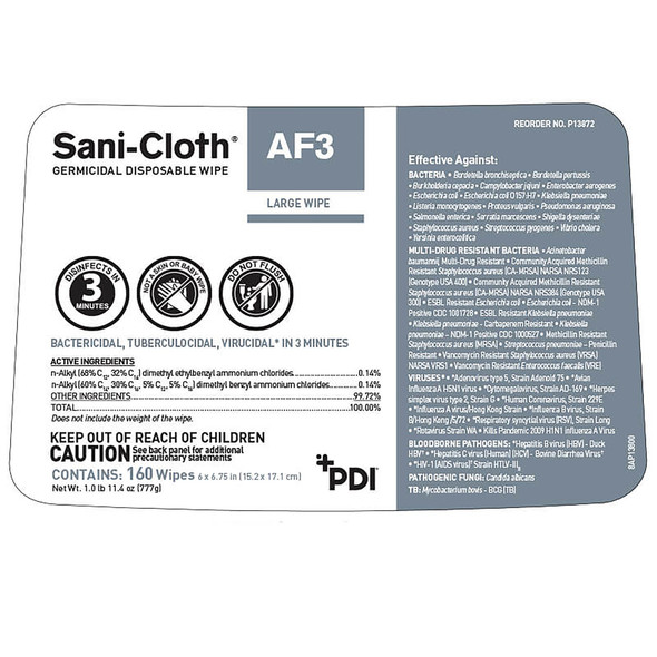 Sani-Cloth AF3 Surface Disinfectant Cleaner Premoistened Germicidal Manual Pull Wipe 160 Count Canister Mild Scent NonSterile 1/CN