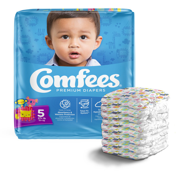 Comfees Premium Diapers, Unisex, Baby, Tab Closure, Size 5, Kid Design