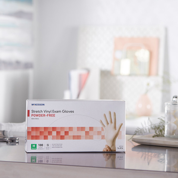 Exam Glove McKesson Medium NonSterile Stretch Vinyl Standard Cuff Length Smooth Ivory Not Rated 100/BX