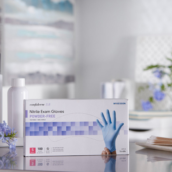Exam Glove McKesson Confiderm 3.8 Small NonSterile Nitrile Standard Cuff Length Textured Fingertips Blue Not Rated 100/BX