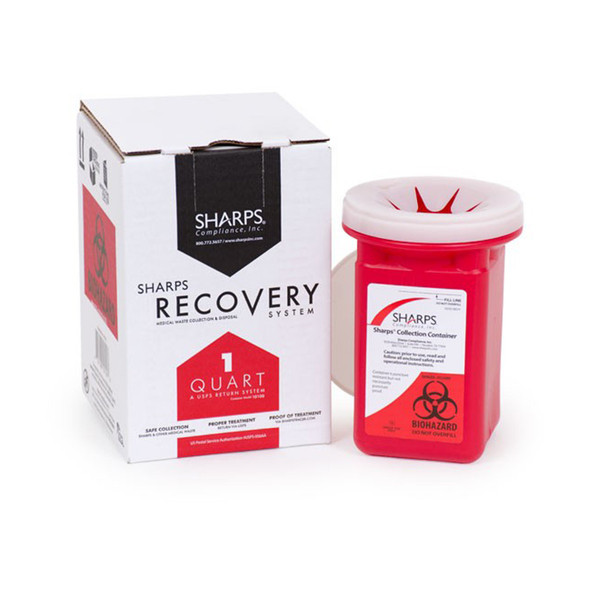 Sharps Recovery System Mailback Sharps Collector, 1 Quart, 4½ x 4½ x 7 Inch