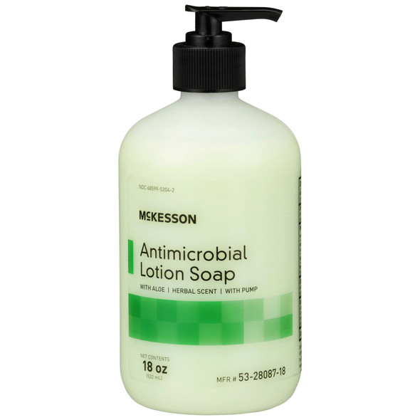 McKesson Antimicrobial Lotion Soap, Herbal Scent, 18 oz, Pump Bottle, Green, 0.95% Strength