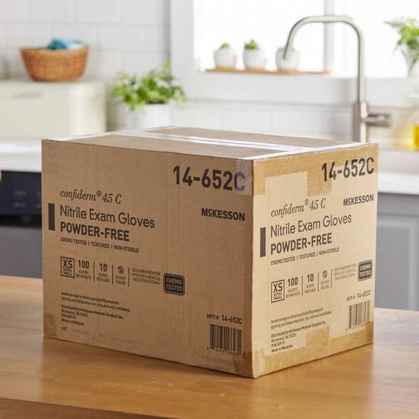 Exam Glove McKesson Confiderm 4.5C X-Small NonSterile Nitrile Standard Cuff Length Textured Fingertips Blue Chemo Tested 1000/CS