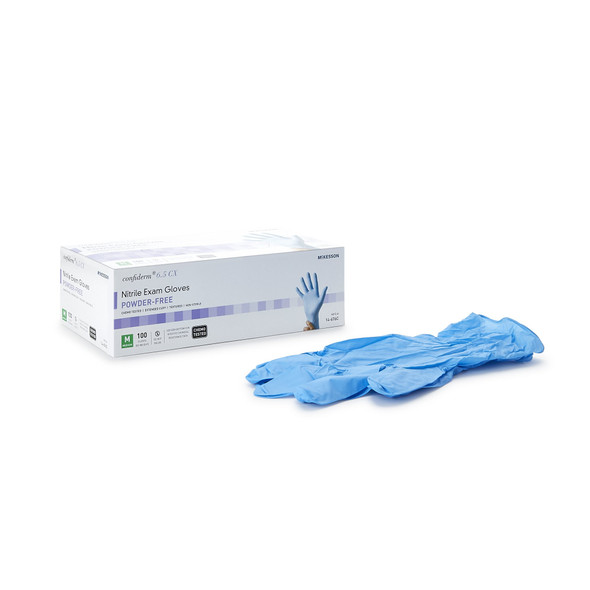 McKesson Confiderm 6.5CX Extended Cuff Nitrile Extended Cuff Length Exam Glove, Medium, Blue