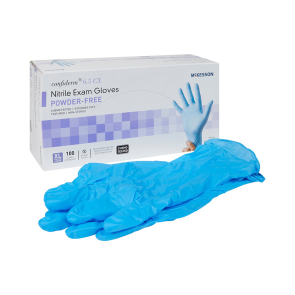 McKesson Confiderm 6.5CX Extended Cuff Nitrile Extended Cuff Length Exam Glove, Extra Large, Blue