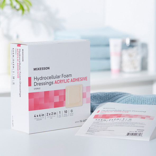 Foam Dressing McKesson 4 X 4 Inch With Border Film Backing Acrylic Adhesive Square Sterile 100/CS