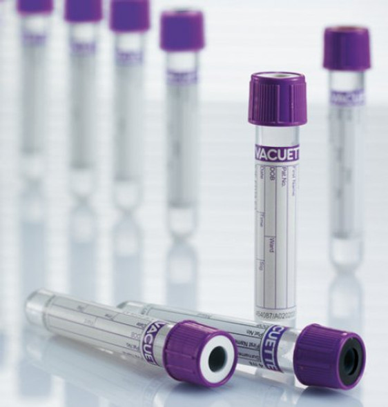 Vacuette Venous Blood Collection Tube, 13 x 75 mm, 2 mL, Lavender Cap, Round Bottom