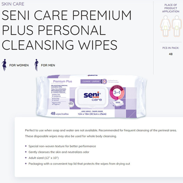 Rinse-Free_Personal_Wipe_WIPES__CLEANSING_SENI_CARE_PREMIUM_PLUS_(48/PK_12PK/CS)_Personal_Wipes_S-WP48-C11