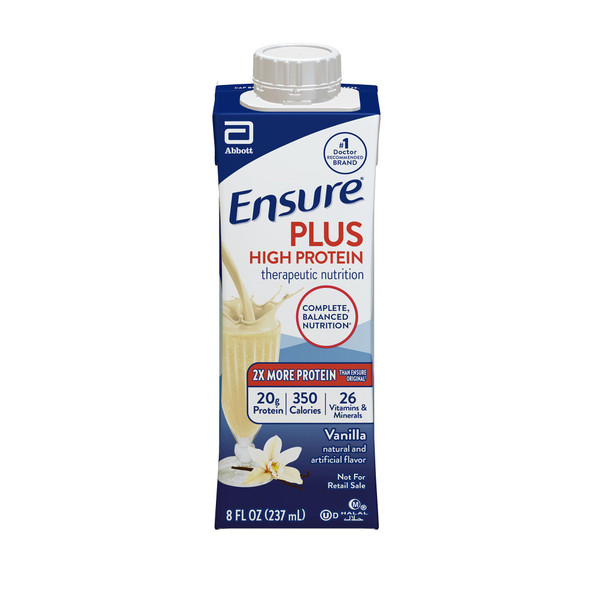Oral Supplement Ensure Plus High Protein Therapeutic Nutrition Shake Vanilla Flavor Liquid 8 oz. Reclosable Carton