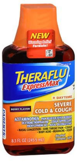 Cold and Cough Relief Theraflu ExpressMax 650 mg - 20 mg - 10 mg / 30 mL Strength Liquid 8.3 oz.