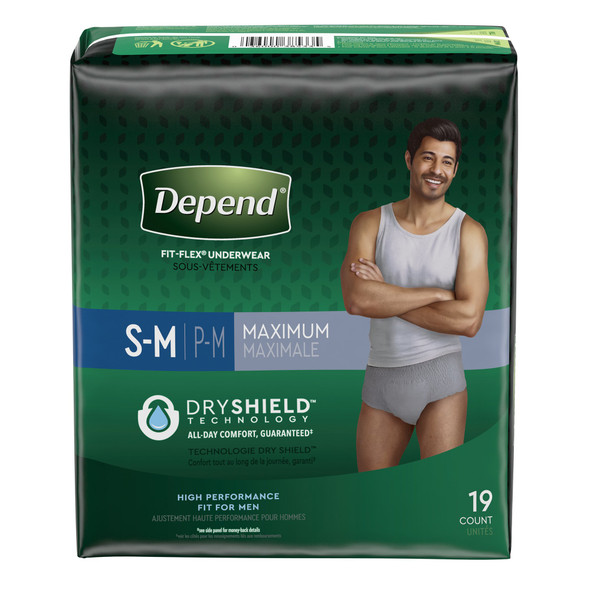 Depend FIT-FLEX Absorbent Underwear for Men, Small/Medium, Pull-On, Gray, Disposable