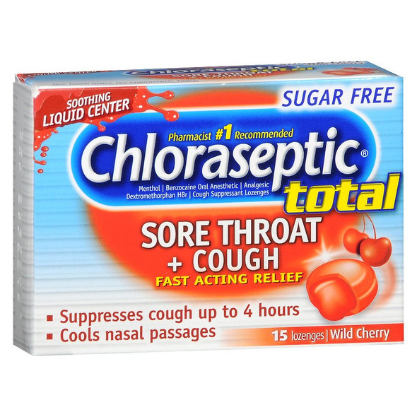 Sore Throat Relief Chloraseptic 10 mg - 6 mg - 5 mg Strength Lozenge 15 per Box