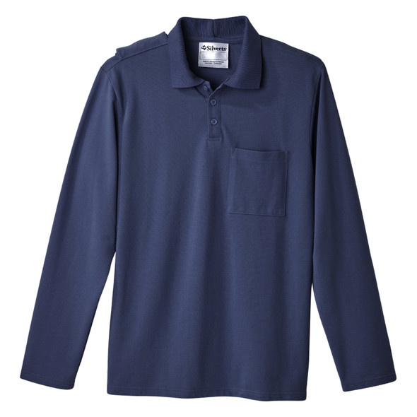 Silverts Men's Adaptive Open Back Long Sleeve Polo Shirt, Dark Navy, Large