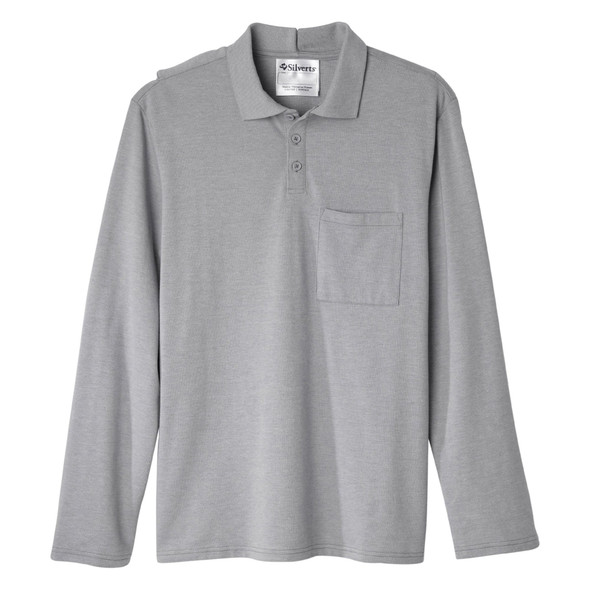 Silverts Men's Adaptive Open Back Long Sleeve Polo Shirt, Heather Gray, Medium
