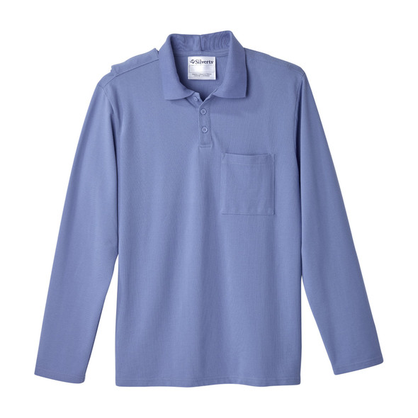 Silverts Men's Adaptive Open Back Long Sleeve Polo Shirt, Ciel Blue, Small