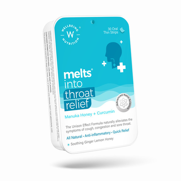 Wellbeing Nutrition Throat Relief, Manuka Honey and Curcumin, Ginger Lemon Honey Oral Strips