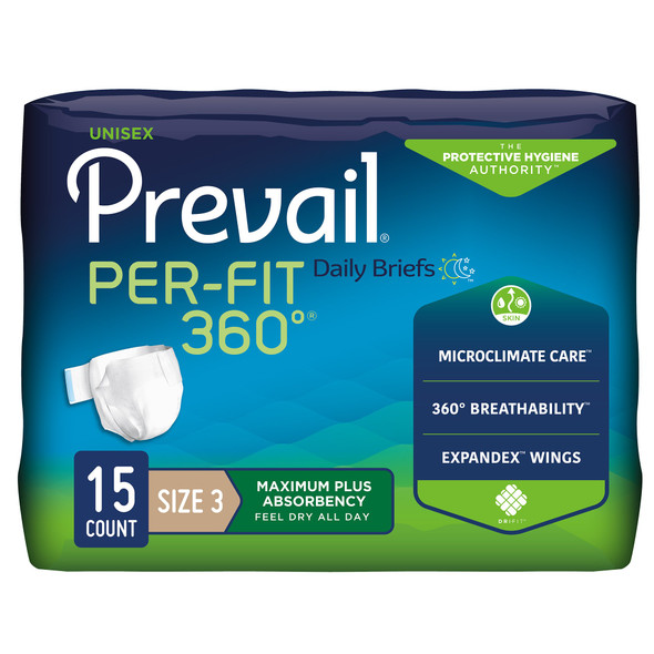 Unisex Adult Incontinence Brief Prevail Per-Fit 360° Size 3 Disposable Heavy Absorbency