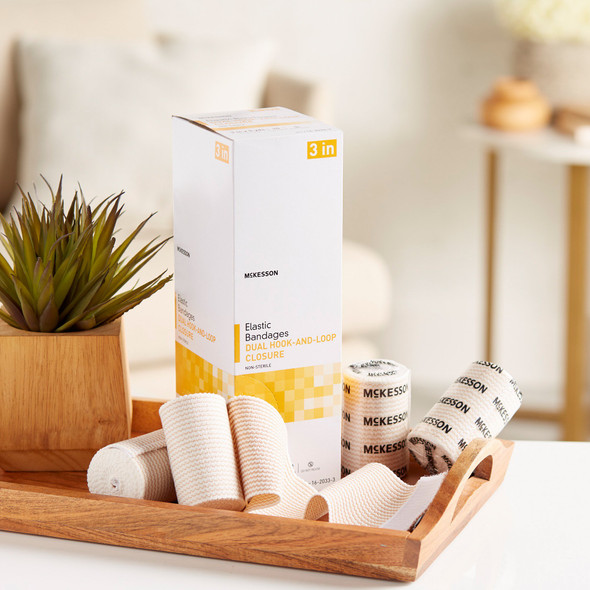 Elastic Bandage McKesson 3 Inch X 5 Yard Double Hook and Loop Closure Tan NonSterile Standard Compression 50/CS