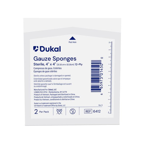Gauze Sponge Dukal 4 X 4 Inch 12-Ply Sterile 2 per Pack 50/BX