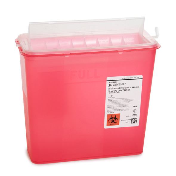 Sharps Container McKesson Prevent Translucent Red Base 10-3/4 H X 10-1/2 W X 4-3/4 D Inch Horizontal Entry 1.25 Gallon 10/BX
