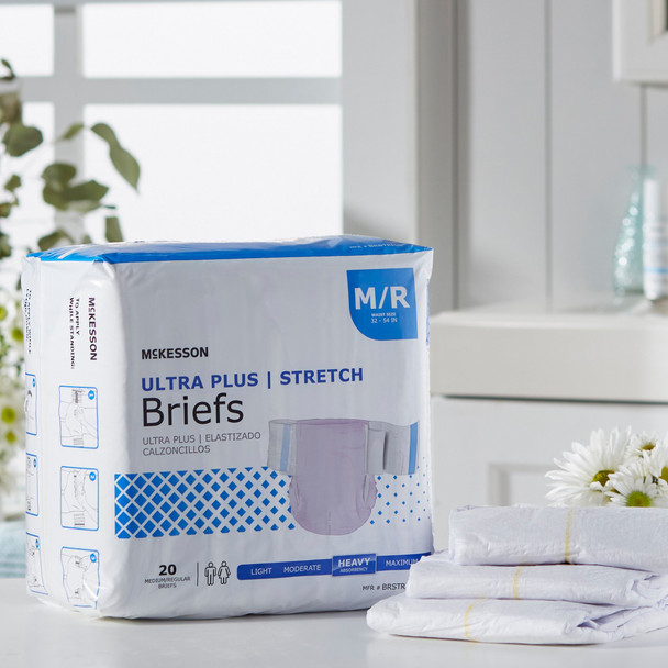 Unisex Adult Incontinence Brief McKesson Ultra Plus Stretch Medium Disposable Heavy Absorbency 1/BG