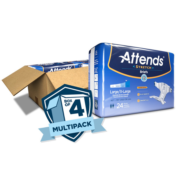 Unisex Adult Incontinence Brief Attends Stretch Large / X-Large Disposable Heavy Absorbency 24/BG Unisex Adult Incontinence Brief Attends Stretch Large / X-Large Disposable Heavy Absorbency 24/BG