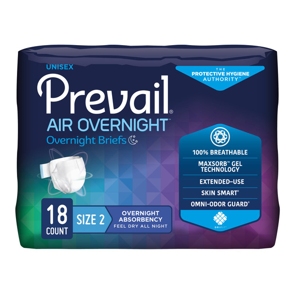 Prevail AIR Overnight Briefs, Heavy Absorbency, Unisex Adult, Disposable, Size 2, 45 to 62 Inch, Large, Orange, 18/Bag 4 Bags/Case
