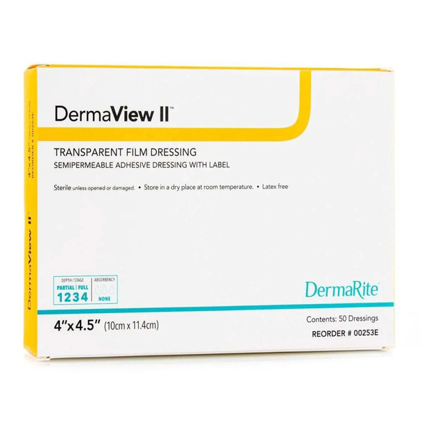 DermaView II Transparent Film Dressing with Border, 4 x 4½ Inch