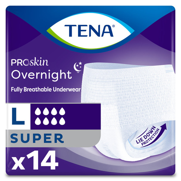 Unisex Adult Absorbent Underwear TENA ProSkin Overnight Super Protective Pull On with Tear Away Seams Large Disposable Heavy Absorbency 14/BG