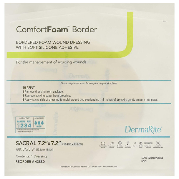 ComfortFoam Border Silicone Adhesive with Border Silicone Foam Dressing, 7-1/5 x 7-1/5 Inch Sacral