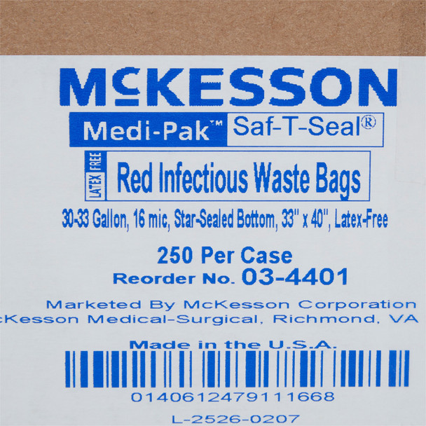 Infectious Waste Bag McKesson 30 to 33 gal. Red Bag Polymer Film 33 X 40 Inch 250/CS Infectious Waste Bag McKesson 30 to 33 gal. Red Bag Polymer Film 33 X 40 Inch 250/CS