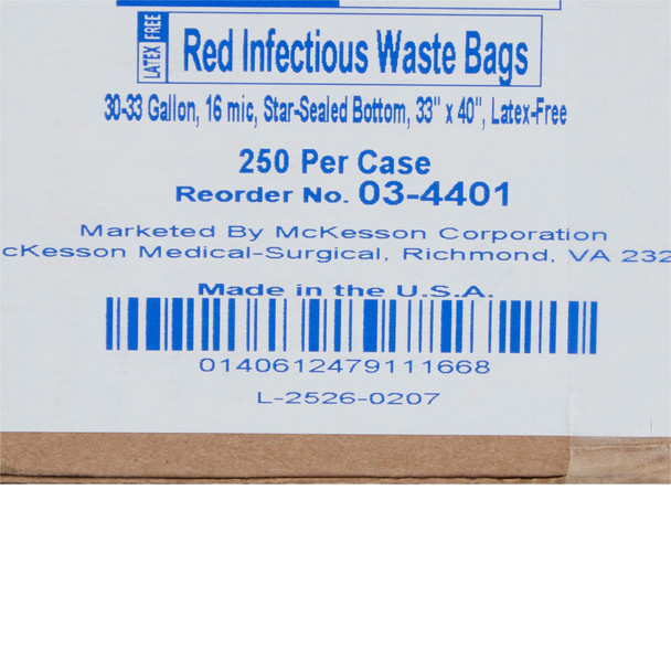 Infectious Waste Bag McKesson 30 to 33 gal. Red Bag Polymer Film 33 X 40 Inch 250/CS Infectious Waste Bag McKesson 30 to 33 gal. Red Bag Polymer Film 33 X 40 Inch 250/CS
