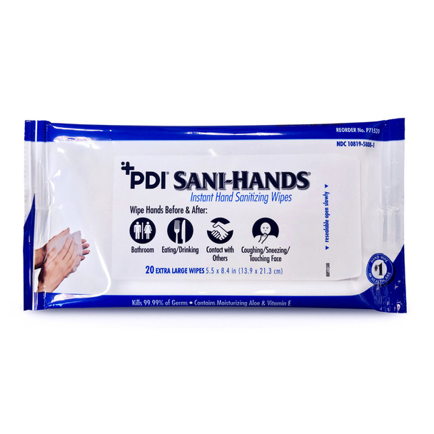 Sani-Hands Hand Sanitizing Wipes, Ethyl Alcohol, Scented, 5½ x 8.4 Inch Soft Pack