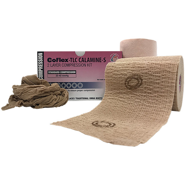 CoFlex TLC Calamine with Indicators Self-adherent / Pull On Closure 2 Layer Compression Bandage System, 4 Inch x 6 Yard / 4 Inch x 7 Yard