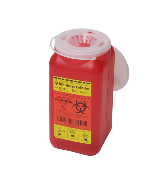 BD Red Sharps Container, 1.4 Quart, 7¾ x 3¾ x 3¾ Inch