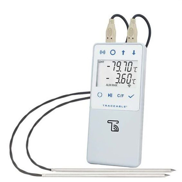 Ultra-Low Temperature Data Logger with Alarm TraceableLIVE Fahrenheit / Celsius -130° to +221°F (-90° to +105°C) 2 Stainless Steel Probes Multiple Mounting Options Battery Operated