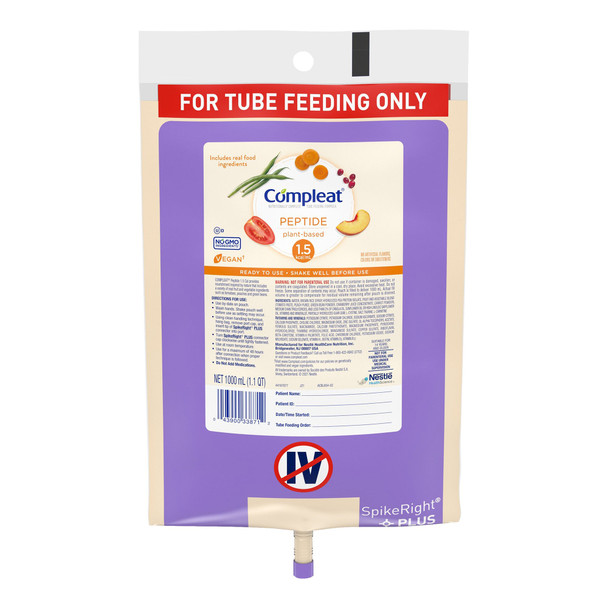 Tube Feeding Formula Compleat Peptide 1.5 Unflavored Liquid 1000 mL Ready to Hang Prefilled Container