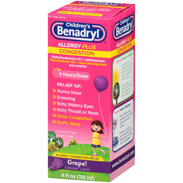 Benadryl Children's Allergy Plus Congestion Diphenhydramine / Phenylephrine Children's Allergy Relief, 4-fluid-ounce Bottle
