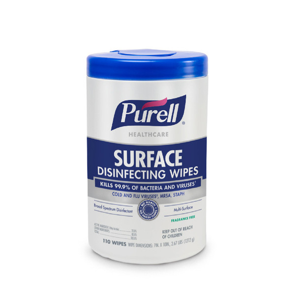 Purell Healthcare Surface Disinfectant Cleaner Premoistened Alcohol Based Manual Pull Wipe 110 Count Canister Unscented NonSterile