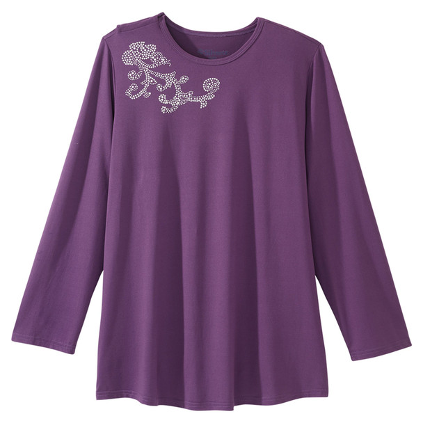 Silverts Women's Open Back Embellished Long Sleeve Top, Eggplant, Small