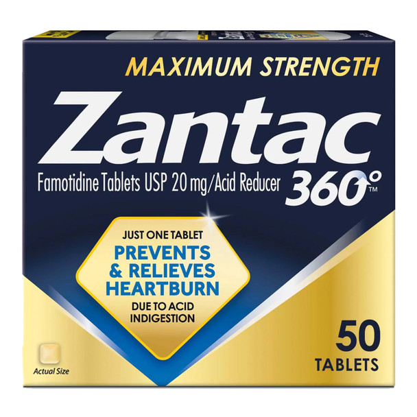 Antacid Zantac 360° Maximum Strength 20 mg Strength Tablet 50 per Bottle