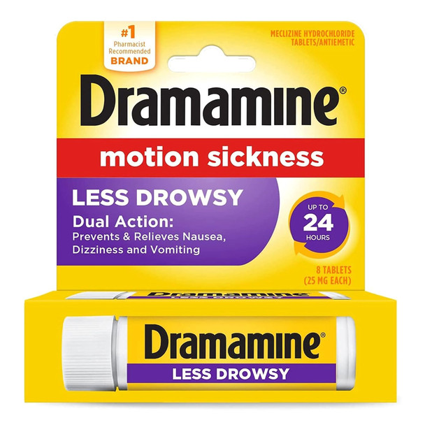 Nausea Relief Dramamine Motion Sickness All Day Less Drowsy 25 mg Strength Tablet 8 Per Box