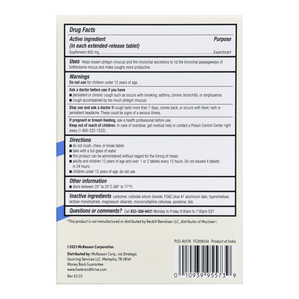 Expectorant Foster & Thrive 600 mg Strength Extended Release Tablet 20 per Box 1/BT
