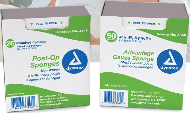 Nonwoven Sponge Dynarex Post-Op 4 X 4 Inch 4-Ply Sterile 2 per Pack 600/CS