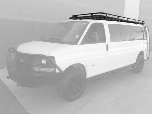 White Chevy Express van with a Weekender Roof Rack from Aluminess Products.