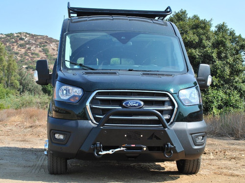 A black Ford Transit van equipped with a Baja style front winch bumper.