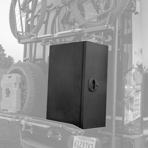Close-up picture highlighting Aluminess Slim Box on the back of a van.