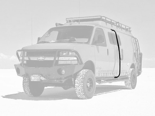 A red Chevy Express van with a surf board mount pole and side ladder from Aluminess Products.